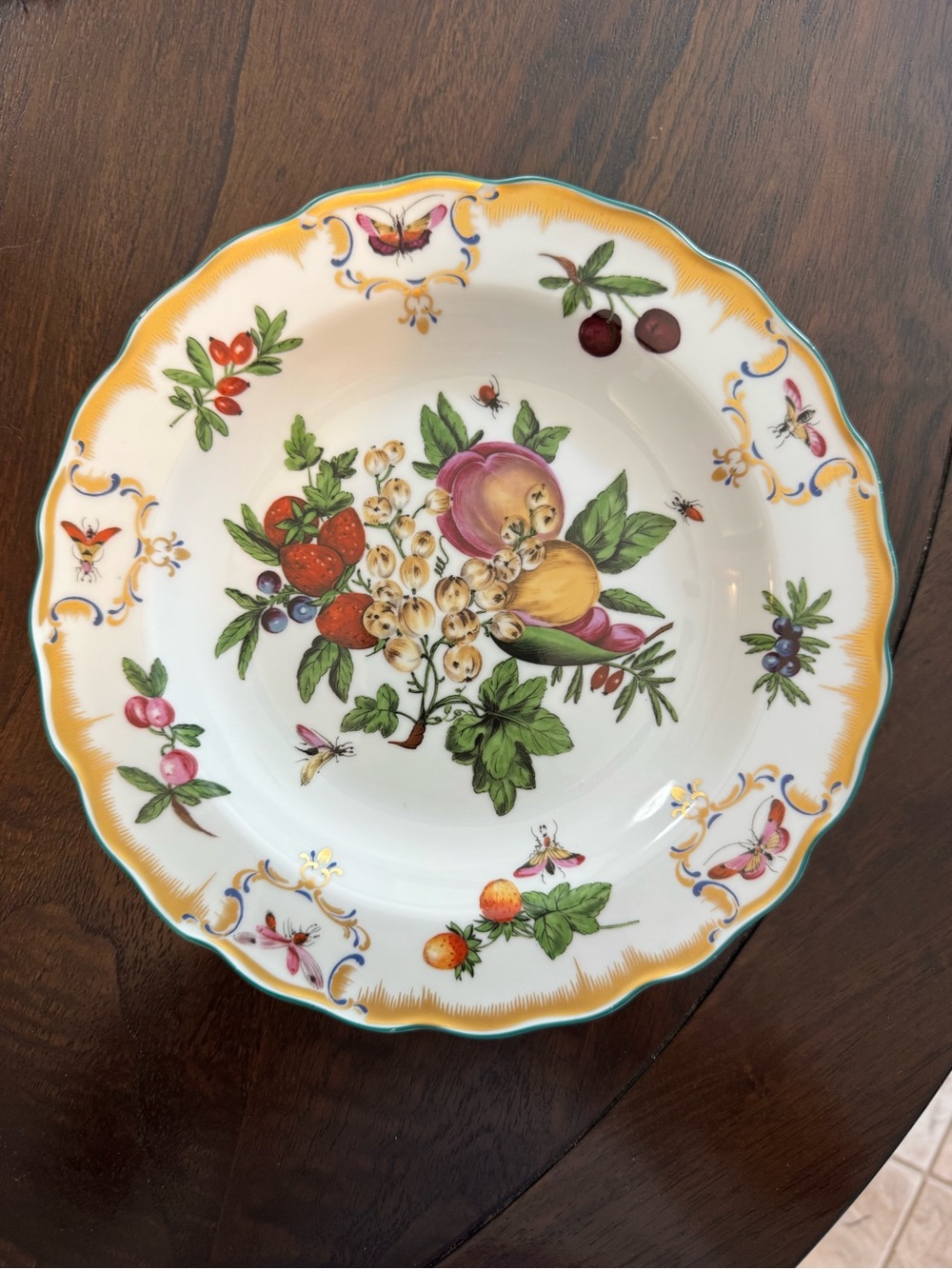 Mottahedeh Fruit and Floral Porcelain Dinner Plate in Yellow, White, Green, Red